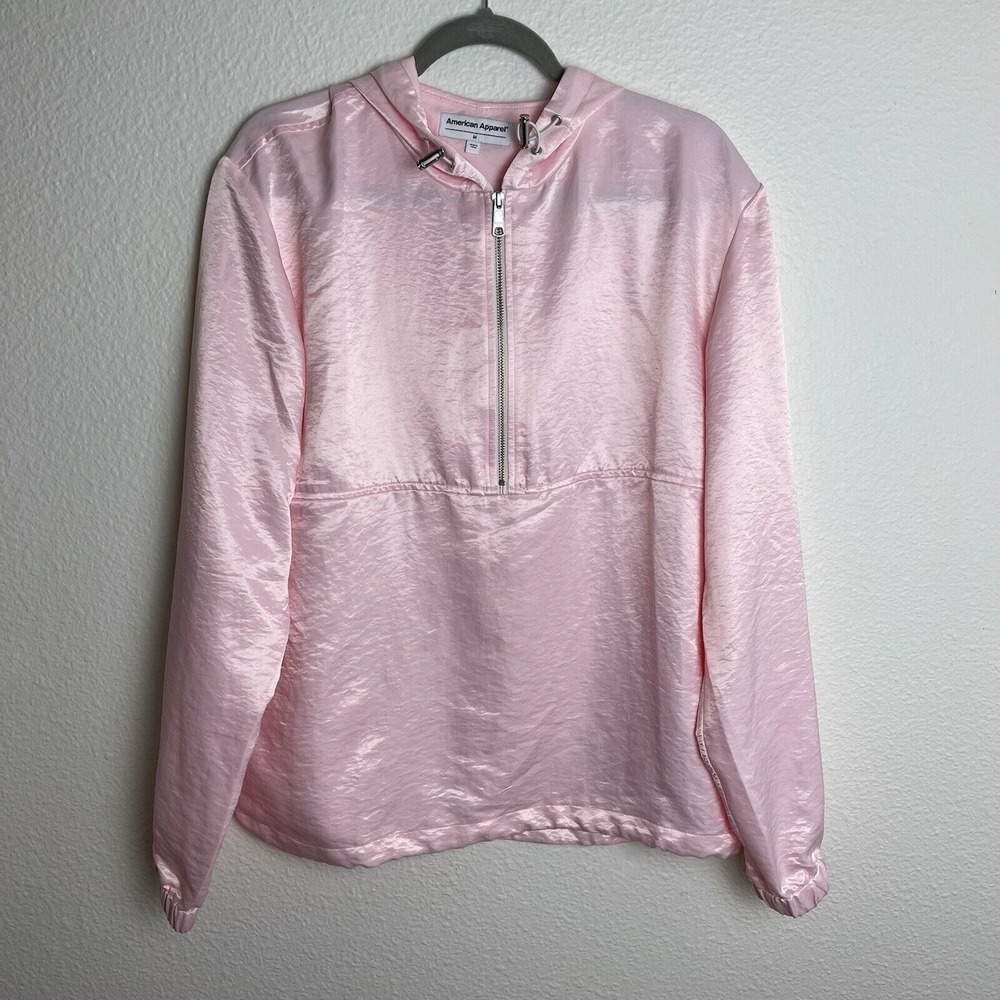 American Apparel Women's Long Sleeve Half Zip Hoodie Pink Jacket M Shiny‎